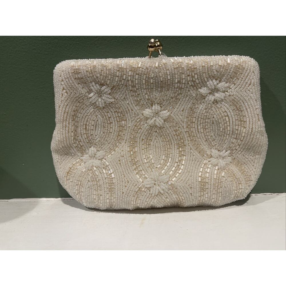 Vintage White Beaded Bridal Waldborg Small Purse W/ Gold Chain
